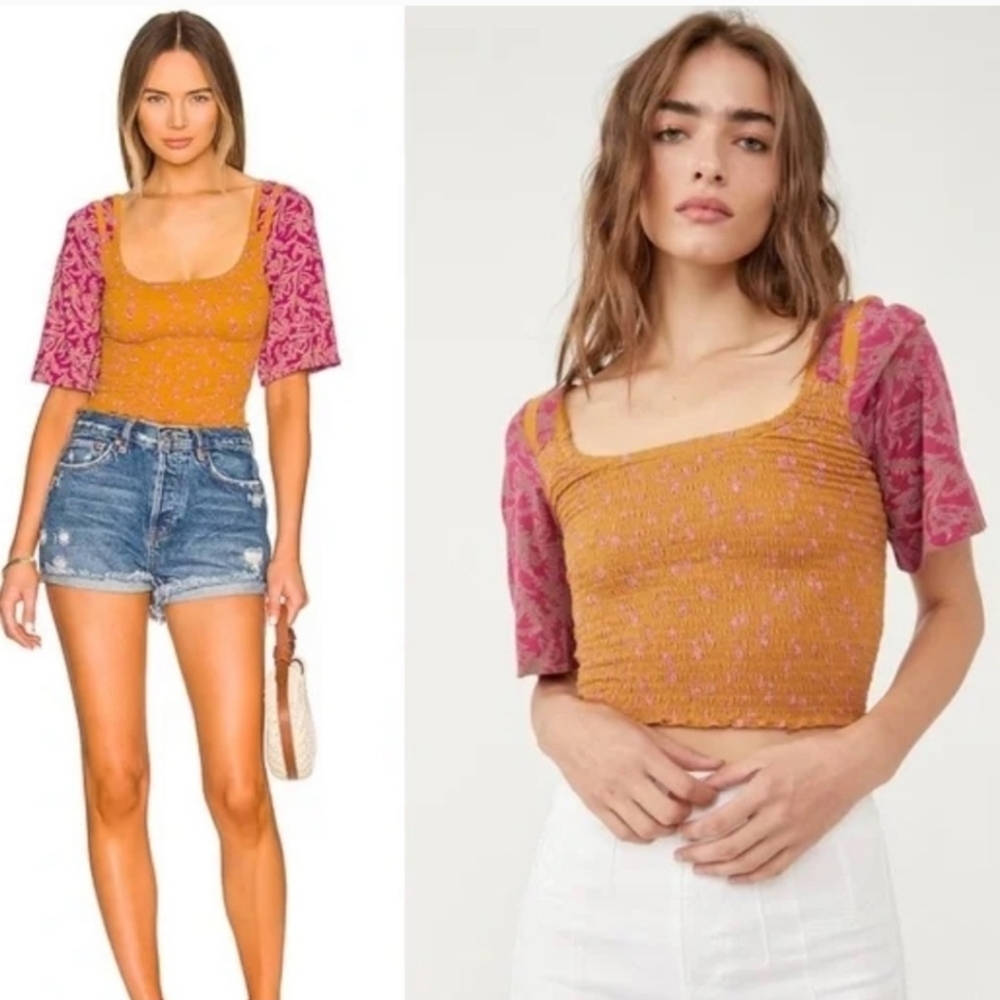 Free People Marigold Square Neck Top In Golden Combo NWT Multiple Sizes